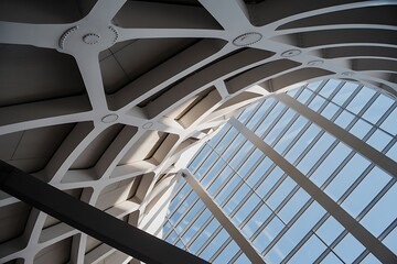 Modern architectural marvel featuring an intricate white geometric ceiling structure and expansive glass windows allowing abundant natural light