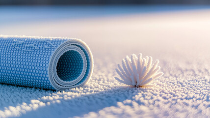 Yoga mat rolled up beside decorative snow object on textured snow surface  