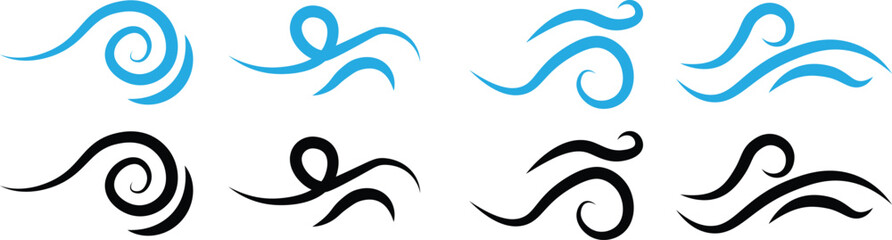 Wind air line effect in doodle style. Wind blow line icon set. sea wave icon, wind blowing icon. Blue and black hand drawn wind swirls and gusts. Decorative breeze symbols for weather, nature, and cli