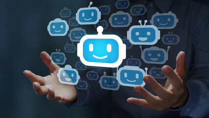 Composite AI and AI Orchestration. Multi-agent AI system. Businessperson holding multiple artificial intelligence robot icons.