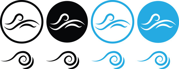 Wind air line effect in doodle style. Wind blow line icon set. sea wave icon, wind blowing icon. Blue and black hand drawn wind swirls and gusts. Decorative breeze symbols for weather, nature, and cli