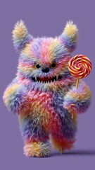Colorful Fuzzy Monster Holding Lollipop Against Purple Background