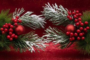 Festive Christmas Decorations: A Charming Arrangement of Green Pine, Snow-Dusted Twigs, Red Berries, and Ornaments Creates a Warm Holiday Atmosphere.