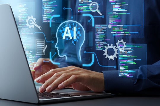 AI coding tool. Assisting software development and automating tasks. Programmer using AI to generate code for creating applications on laptop.