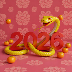 Fototapeta premium Year of the snake 2026 with snake figure and mandarin orange decoration