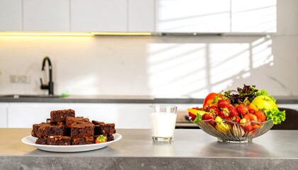 Brownies and fruit in a modern kitchen