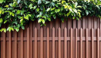 Brown wooden fence with lush greenery