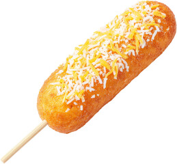 Golden Corn Dog with Shredded Cheese Topping on Wooden Stick, Isolated on White Background, PNG set Transparent background
