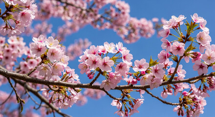 Delicate pink cherry blossoms blooming on branches against a clear blue sky