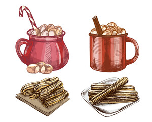 Hand drawn vintage sketch of hot chocolate with marshmallows in red mugs and churros dessert, color version, vector illustration