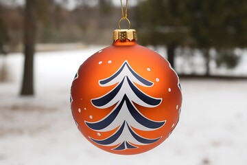 A Vibrant Orange Christmas Ornament with a Detailed Tree Design hangs Decoratively in Winter