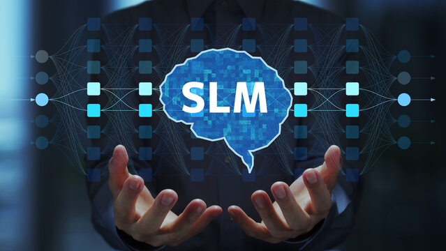 SLM small language model. Pruning and knowledge distillation for efficient neural networks. Businessperson holding an AI icon.