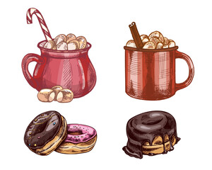 Hand drawn vintage sketch of hot cocoa mugs with marshmallows and assorted glazed donut pastry dessert set
