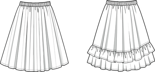 Girl skirt front and back view, pleated and layered style, fashion garment cad drawing flat vector illustration, technical sketch