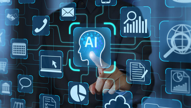 AI agent and AI integration. Autonomous AI business process automation. Businessperson tapping an artificial intelligence icon.