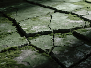 Abstract textured surface close-up view of cracked earth or dried mud showing green hues and jagged edges