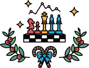 A black and white image of a chess board with a wreath of leaves