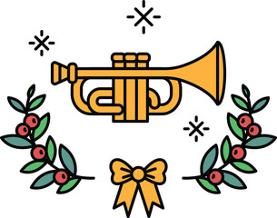 A black and white drawing of a trumpet with a bow and leaves