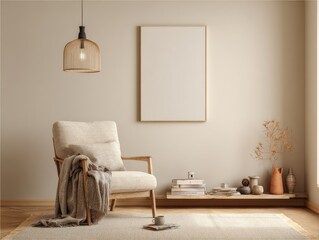 Beige minimalist living room with wooden accent