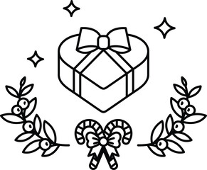 A black and white drawing of a heart with a bow and a box