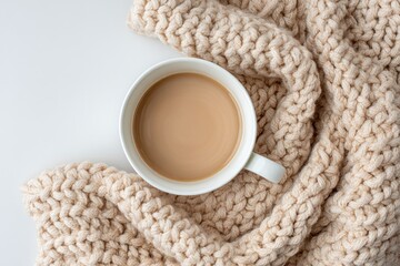 A warm cup of coffee nestled in a beige knitted blanket