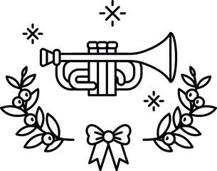 A black and white drawing of a trumpet with a bow and leaves