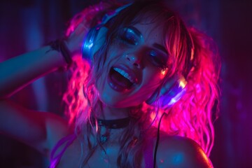 A girl in vibrant neon makeup and large futuristic headphones, dancing merrily in a dark room illuminated by neon lights. Fluorescent pink, blue and purple tones reflect her face and outfit