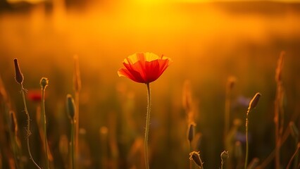 Close-up of a single red poppy in a sunset-lit field, glowing with warm golden backlight.
