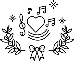 A black and white drawing of a heart with musical notes surrounding it
