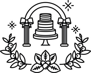 Fototapeta premium A cake with a bow on top of it is surrounded by a wreath of flowers