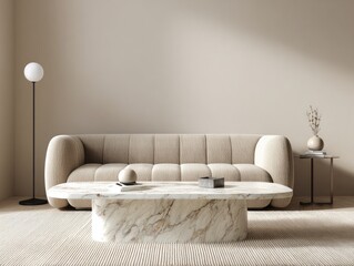 Beige minimalist living room.  Beige sofa, marble coffee table, soft lighting