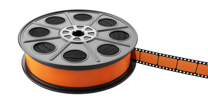 Vintage film reel with orange film isolated on transparent background