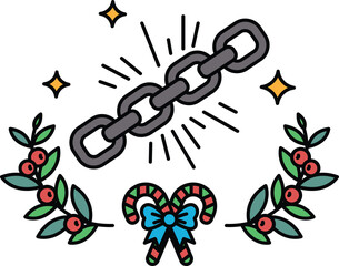 A chain is drawn in the center of a wreath of leaves