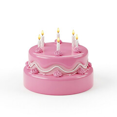 Pink birthday cake with lit candles isolated on white background