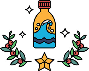 A bottle of water is surrounded by a wreath of leaves and a star