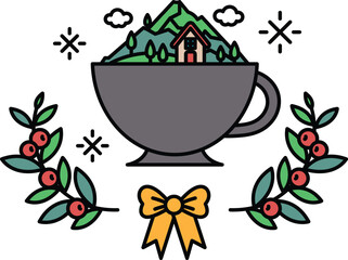 A cup with a mountain and a house on it