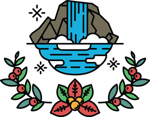 A black and white drawing of a waterfall surrounded by a wreath of leaves