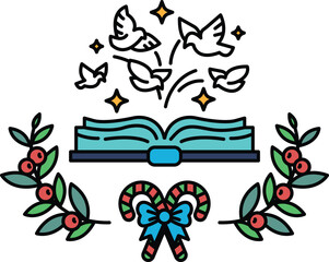 A black and white drawing of a book with a bow and a wreath of leaves