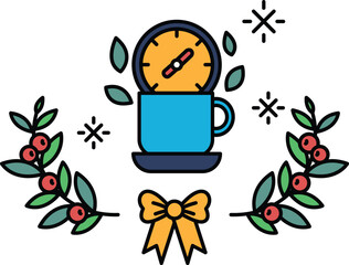 A black and white drawing of a cup with a clock on it