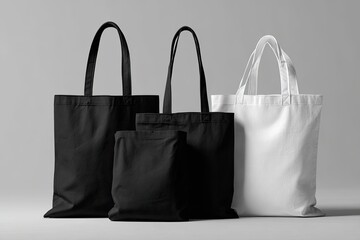 Three canvas tote bags, black and white, various sizes, on a plain background