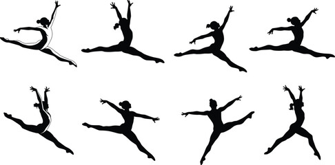 Ballet dancer silhouettes, grand jeté leap, expressive movement, black figures, dynamic pose, flexibility, body control, elegant form, dance technique, performance