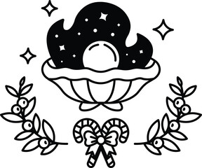 A black and white drawing of a bowl with a candle in it and a star