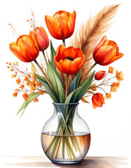 Bright Orange Tulip Bouquet In Glass Vase Illustration