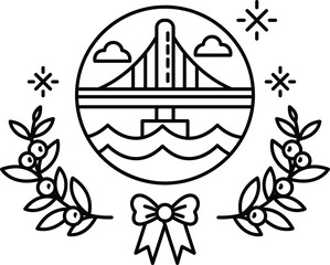 A black and white drawing of a bridge over a body of water with a wreath of leav