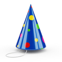 Blue party hat with colorful polka dots isolated on white background