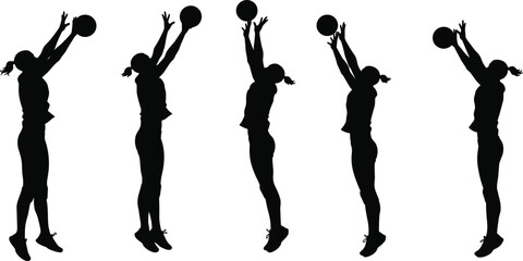 Basketball jump shot silhouette, athlete shooting ball, motion sequence pose, dynamic sports action, training technique, isolated figure, black background