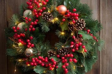 Festive Christmas Wreath Adorned with Berries, Pine Cones, and Delicate Fairy Lights Creating a Warm and Joyful Holiday Atmosphere