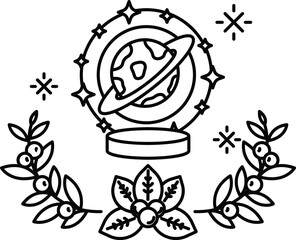 A black and white drawing of a planet with a starry background