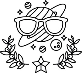 A black and white drawing of a pair of glasses with a planet
