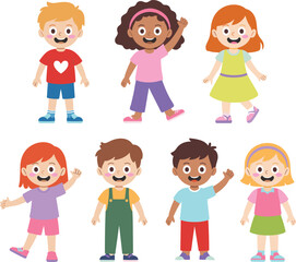 Cartoon group of diverse children smiling, vector illustration for childhood diversity, friendship, school themes, educational content, and playful character design